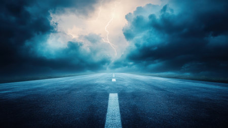 A captivating scene of an empty roadway under a dramatic thunderstorm. Dark clouds loom overhead, illuminated by flashes of lightning, creating a tense atmosphere perfect for showcasing nature's power.の素材