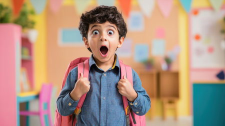 A joyful child in a colorful classroom expresses excitement with wide eyes and a big smile, showcasing the happiness of school life. Perfect for education themes.の素材