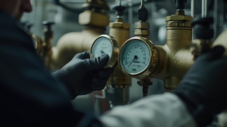 A technician adjusts a pressure gauge on industrial equipment, ensuring accurate readings for safe operation and maintenance. Ideal for industry-related content.の素材