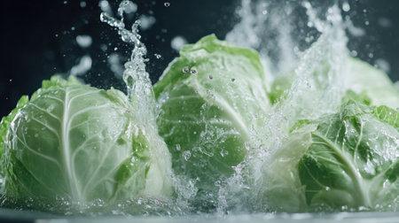 A dynamic capture of fresh cabbages splashing into water, showcasing vibrant greens and the essence of freshness in vegetables, ideal for promoting healthy cooking and nutrition.の素材