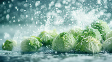 A stunning close-up of fresh green cabbage splashing in water, showcasing vibrant colors and droplets. Perfect for culinary and health-related themes.の素材