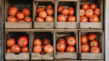 A rustic display of fresh red tomatoes arranged in wooden crates. This farm-fresh produce showcases vibrant colors and natural textures, perfect for culinary visuals.の素材