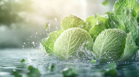 Two fresh cabbages splash in water under gentle sunlight, symbolizing freshness and vitality in nature. Ideal for gardening and healthy eating themes.の素材