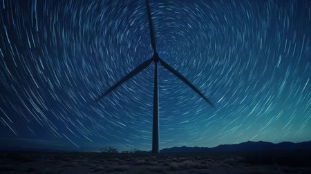 A stunning view of a wind turbine under a starry night sky, showing star trails that convey a sense of movement and beauty in nature.の素材