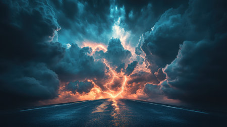 A captivating scene of a thunderstorm with dramatic lightning illuminating a dark, reflective road under a turbulent sky at sunset. Perfect for nature themes.の素材