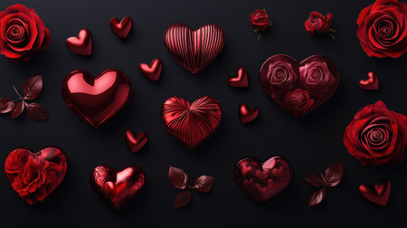 A stunning collection of red hearts and roses displayed on a black background, perfect for expressing love, romance, and passion in various designs.の素材