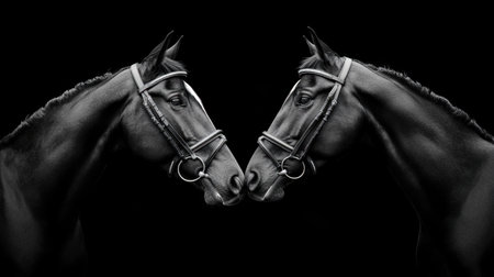 Two elegant horses face each other in a striking black and white portrait. This photograph captures their beauty and connection against a dark background.の素材