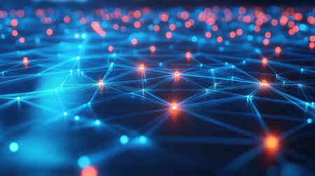 An abstract digital illustration of glowing blue and orange network connections, depicting modern technology, data flow, and futuristic concepts in a vibrant visual.の素材