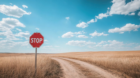 A serene country road features a prominent stop sign under a bright blue sky filled with fluffy clouds. This peaceful landscape invites contemplation of nature.の素材