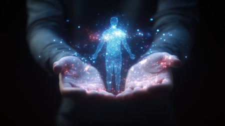 A stunning visual of a glowing human figure held within hands, symbolizing the fusion of technology and humanity amidst an energetic backdrop.の素材