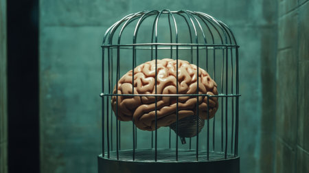 A brain enclosed in a metallic cage, illustrating mental limitations and the inability to think beyond set boundaries, symbolizing constrained creativityの素材