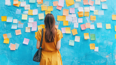 A woman stands in front of a vibrant blue wall filled with colorful sticky notes. This setting stimulates creativity and reflection on ideas and goals.の素材