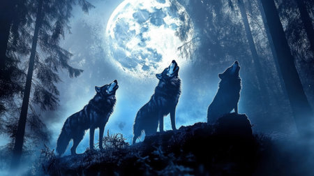 Three wolves howl beneath a full moon in a dense forest, creating a haunting and mystical atmosphere. The blue tones enhance the serene yet powerful nature of these wild creatures.の素材