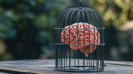 Enclosed brain in a cage, symbolizing mental restriction and the struggles of breaking free from limiting beliefs and ideasの素材
