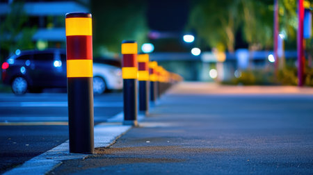 A row of vibrant safety posts illuminated in yellow and red lights lines a quiet urban street at night, showcasing modern design and visibility.の素材