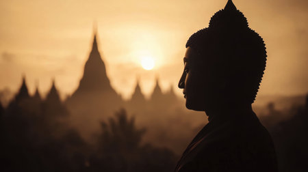Sepia-toned silhouette of Buddha against a soft sunset with blurred temple in the background, honoring Waisak Dayの素材