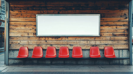 Empty red seats at a bus stop, framed by a wooden wall and a blank sign ready for advertisingの素材