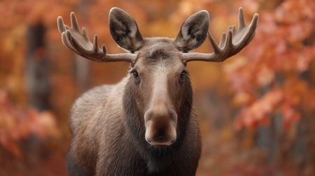 This striking close-up of a moose showcases its impressive antlers amid vibrant autumn foliage, capturing the essence of wildlife in a peaceful forest setting.の素材
