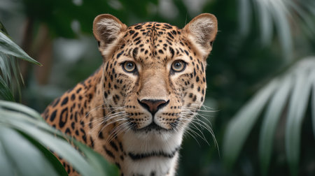 A stunning close-up of a leopard amidst lush greenery, capturing the animal's captivating gaze and intricate coat patterns. The image highlights the elegance of wildlife.の素材