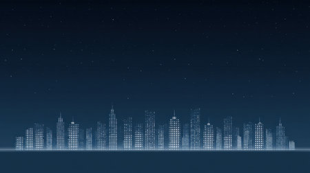 This illustration features a serene nighttime city skyline with illuminated buildings against a starry background, ideal for representing urban life and modern design.の素材