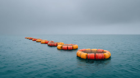 A series of bright lifebuoys float peacefully in the calm ocean, surrounded by a hazy atmosphere, creating a serene and minimalistic seascape ideal for relaxation or safety themes.の素材