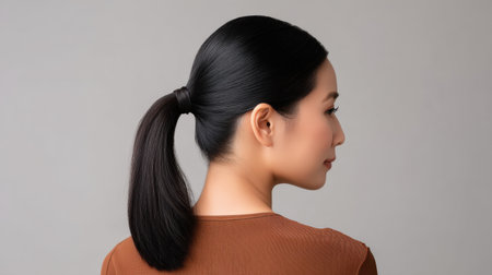 A serene portrait of a woman showcasing a sleek black ponytail, highlighting her natural beauty and elegance. The minimalist background emphasizes her hairstyle and style.の素材