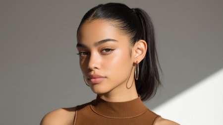 A striking portrait of a young woman in soft sunlight, capturing her natural beauty and confidence, perfect for concepts of elegance and modern femininity.の素材