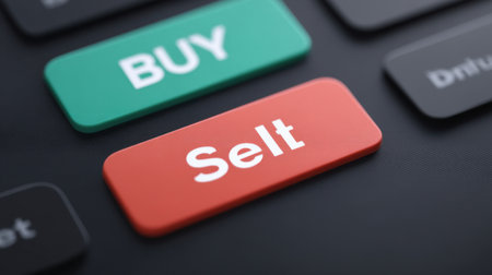 A vivid close-up of a modern keyboard showcases a green BUY button and a striking red Selt button, symbolizing crucial choices in online financial transactions.の素材
