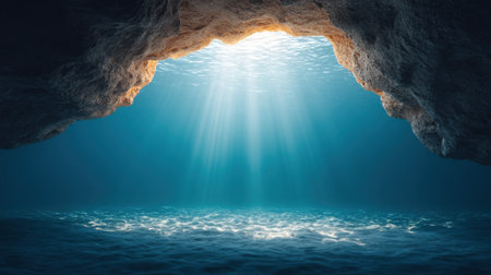 This captivating image features a breathtaking underwater cave where sunlight streams through, illuminating the tranquil ocean floor and creating a serene atmosphere.の素材