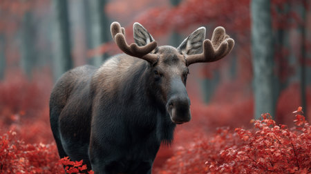 A breathtaking moose stands prominently in a vivid red forest, highlighting the stunning beauty of autumn. The serene atmosphere and vibrant foliage create a captivating wilderness scene.の素材