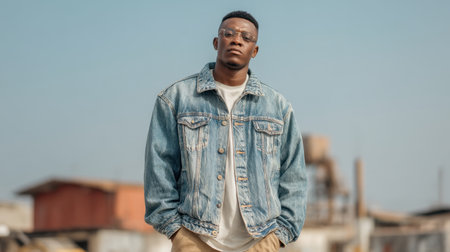A stylish young man stands confidently outdoors, wearing a denim jacket and sunglasses. His casual pose highlights urban charm, creating a lively and vibrant atmosphere.の素材
