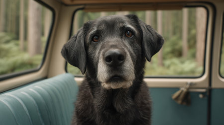 A close-up of a thoughtful black dog sitting inside a vintage van, immersed in serene beauty of a lush green forest, capturing the essence of adventure and companionship.の素材