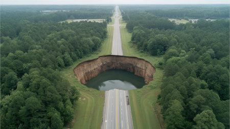 Stunning aerial perspective showcasing a massive sinkhole filled with water, framed by vibrant forests and a long stretch of road, under a clear blue sky.の素材