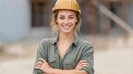 A confident female construction worker stands on a building site, wearing a hard hat and smiling. Her pose reflects professionalism and readiness for teamwork and challenges.の素材