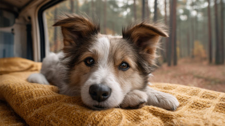 This captivating image features an adorable Border Collie resting on a cozy blanket amidst an autumn forest, showcasing the natural beauty and peaceful atmosphere.の素材
