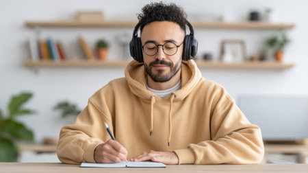 A focused young man wearing headphones sits in a stylish home workspace, writing in a notebook. The scene reflects productivity and personal growth through remote learning.の素材