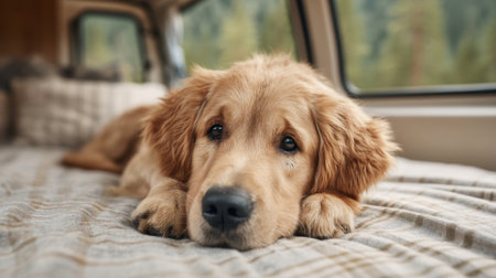 A golden retriever puppy rests its head on a blanket inside a cozy camper, surrounded by nature. This heartwarming scene captures the essence of relaxation and companionship.の素材