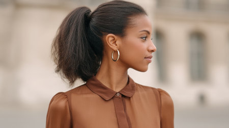 A stunning portrait of an elegant woman with a ponytail and brown blouse, captured in soft light. This image reflects natural beauty and urban sophistication, perfect for lifestyle themes.の素材