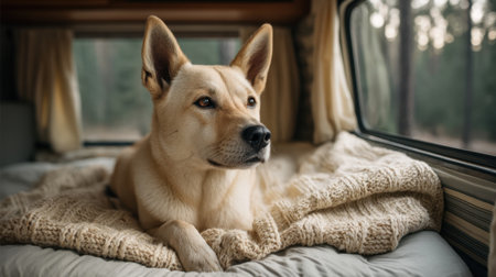 A serene and cozy scene of a dog relaxing in a camper van. Sunlight filters through the windows, enhancing the warm atmosphere of comfort and tranquility.の素材