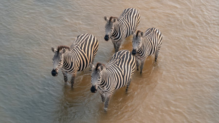 This stunning photograph captures a group of four zebras standing in shallow water, showcasing their unique stripes and reflections in a natural habitat at sunset.の素材