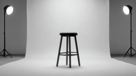 A minimalist photograph showcasing a solitary wooden stool on a smooth white backdrop, enhanced by soft lighting, ideal for artistic compositions and interior design concepts.の素材