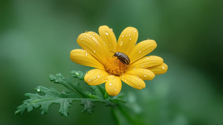 A stunning close-up image showcases a bright yellow flower adorned with raindrops and a small beetle perched on its vibrant petals, surrounded by lush greenery.の素材