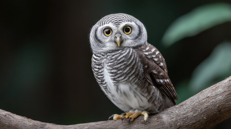 This captivating close-up image features an owl with striking eyes, perched elegantly on a branch in its natural habitat, highlighting its intricate feather patterns.の素材