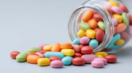 A vibrant display of colorful candy spilling from a clear glass jar onto a light gray surface, perfect for enhancing sweet-themed projects or culinary design.の素材