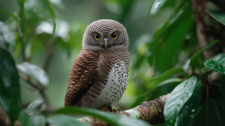 A short-eared owl rests gracefully on a branch, nestled within lush green leaves. The scene captures the essence of nature's beauty and tranquility.の素材