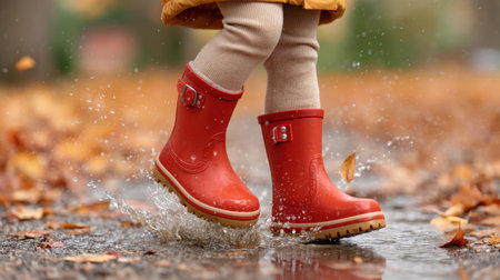 A joyful child in bright red rubber boots hops through puddles on a rainy day, surrounded by vibrant autumn leaves, capturing the spirit of playful exploration.の素材