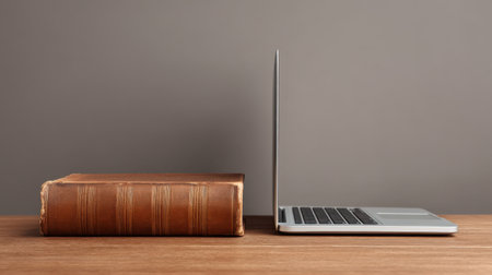 A striking contrast between a vintage book and a modern laptop on a wooden desk, highlighting the evolution of learning tools and the ongoing quest for knowledge.の素材