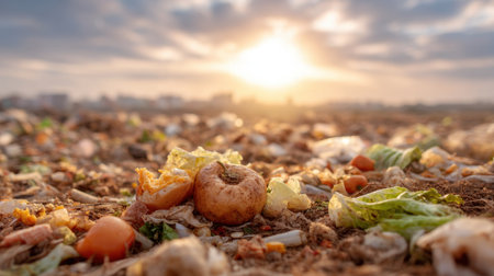 A scenic view of a landscape scattered with food waste and trash under a stunning sunset, highlighting environmental challenges and the need for sustainability.の素材