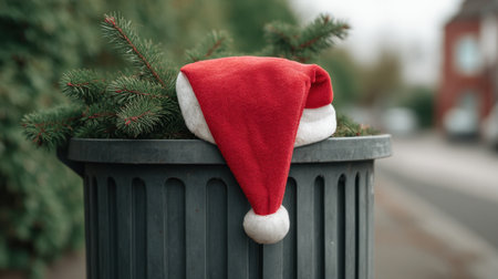 A vivid Santa hat lies atop the greenery in a trash bin, capturing the essence of festive waste. This image embodies the juxtaposition of celebration and discard during the holidays.の素材