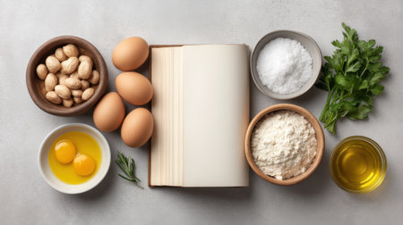 An organized kitchen counter features fresh ingredients like eggs, flour, oil, and herbs surrounding an open cooking book, inspiring healthy culinary adventures.の素材